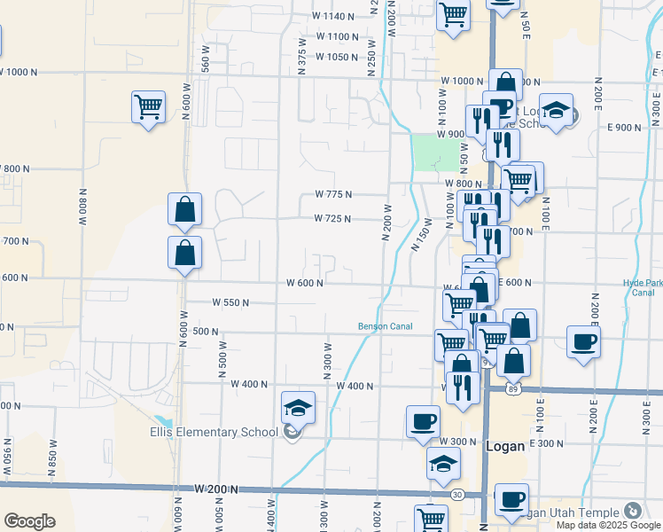 map of restaurants, bars, coffee shops, grocery stores, and more near 611 North 315 West in Logan