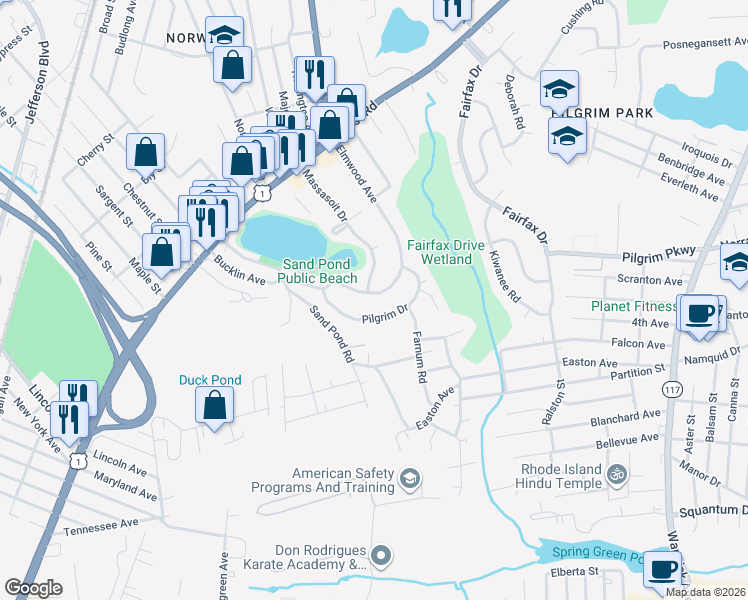 map of restaurants, bars, coffee shops, grocery stores, and more near 100 Puritan Drive in Warwick
