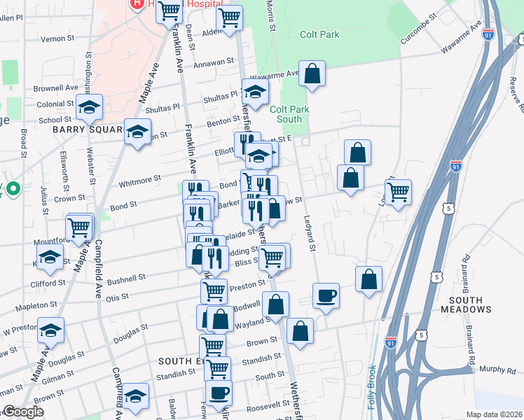 map of restaurants, bars, coffee shops, grocery stores, and more near 5 Meadow Street in Hartford