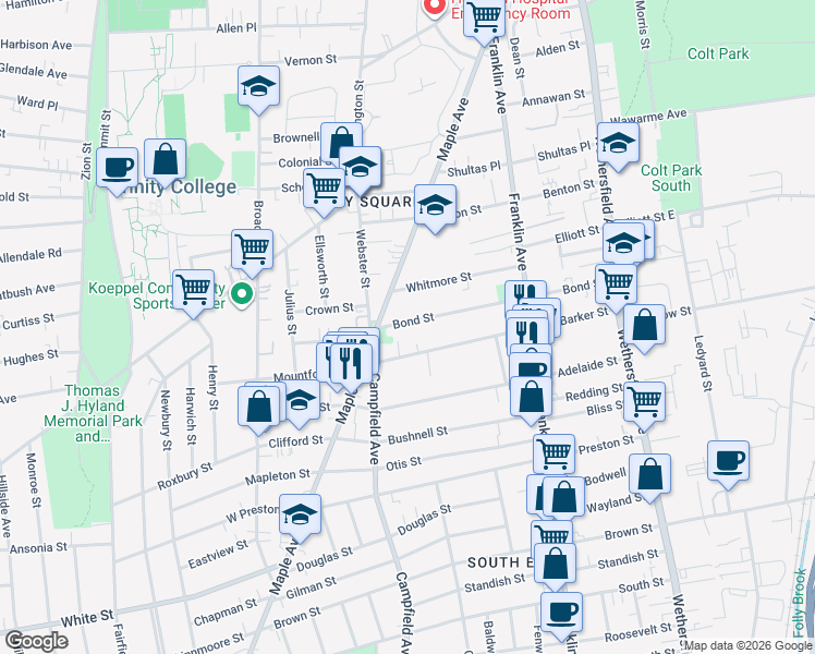 map of restaurants, bars, coffee shops, grocery stores, and more near 171 Bond Street in Hartford