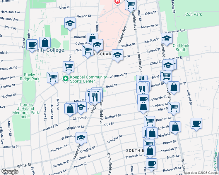 map of restaurants, bars, coffee shops, grocery stores, and more near 171 Bond Street in Hartford