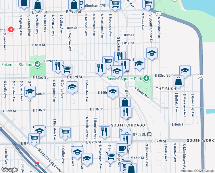 map of restaurants, bars, coffee shops, grocery stores, and more near 8339 South Muskegon Avenue in Chicago