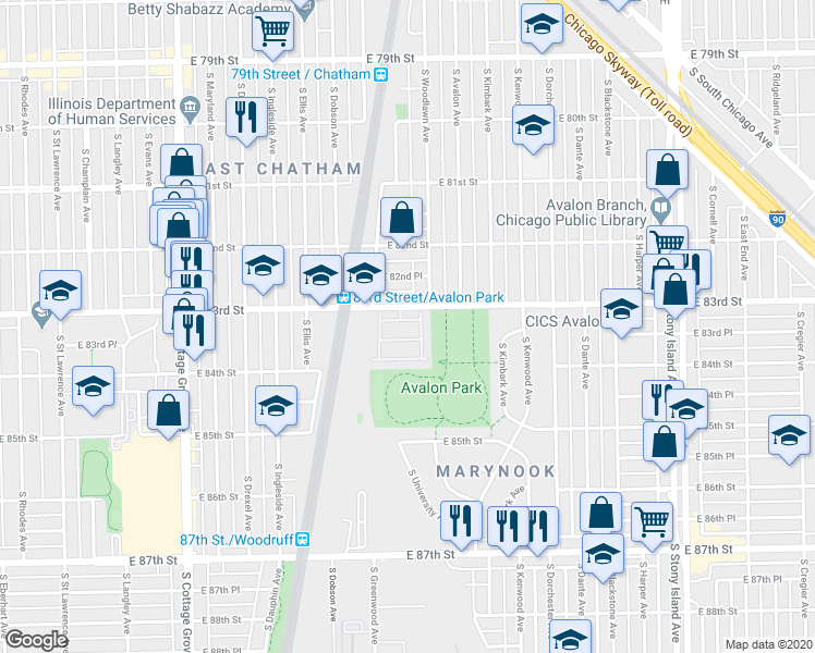 map of restaurants, bars, coffee shops, grocery stores, and more near 1048 East 83rd Street in Chicago