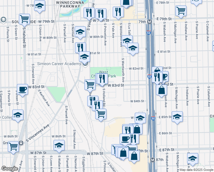 map of restaurants, bars, coffee shops, grocery stores, and more near 8301 South Holland Road in Chicago