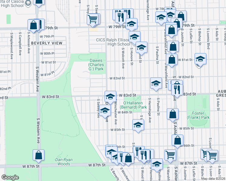 map of restaurants, bars, coffee shops, grocery stores, and more near 8244 South Winchester Avenue in Chicago
