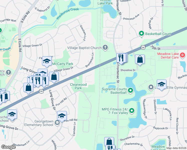 map of restaurants, bars, coffee shops, grocery stores, and more near 712 Clearwood Court in Aurora
