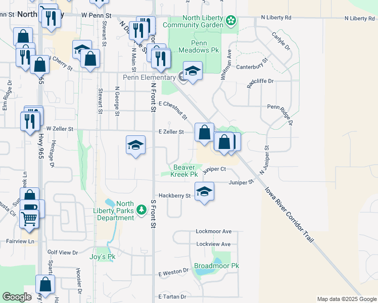 map of restaurants, bars, coffee shops, grocery stores, and more near 250 South Chestnut Street in North Liberty