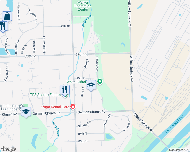 map of restaurants, bars, coffee shops, grocery stores, and more near 8030 Howard Avenue in La Grange