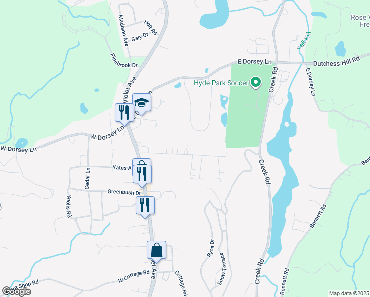map of restaurants, bars, coffee shops, grocery stores, and more near 32 Bircher Avenue in Poughkeepsie