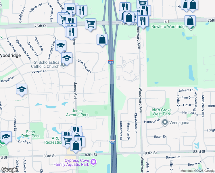 map of restaurants, bars, coffee shops, grocery stores, and more near 2209 Hiawatha Court in Woodridge