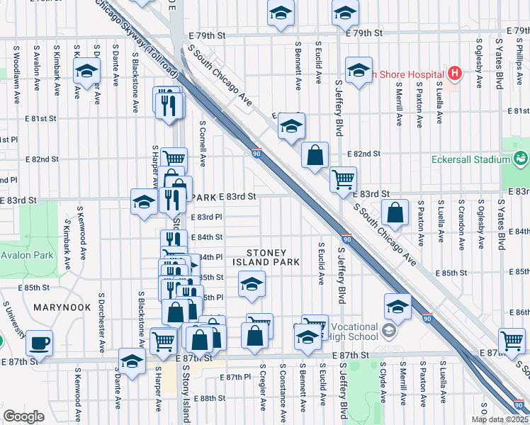 map of restaurants, bars, coffee shops, grocery stores, and more near 8325 South Cregier Avenue in Chicago