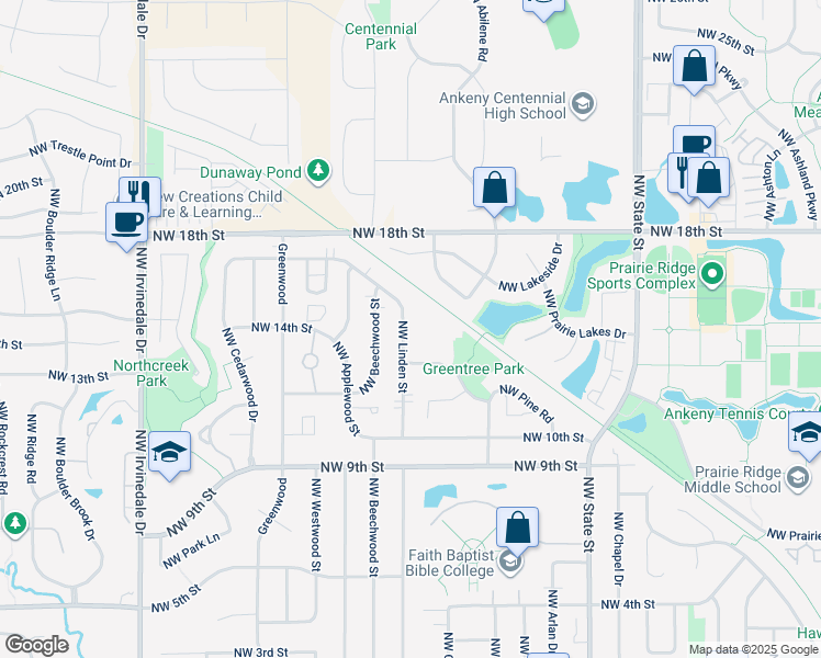 map of restaurants, bars, coffee shops, grocery stores, and more near 1217 Northwest Linden Street in Ankeny