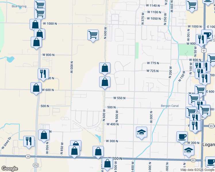 map of restaurants, bars, coffee shops, grocery stores, and more near 640 North 600 West in Logan
