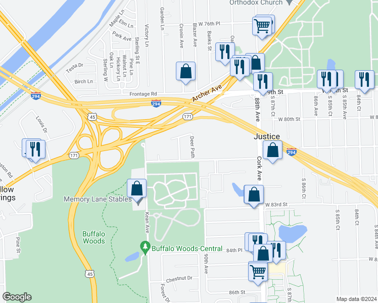 map of restaurants, bars, coffee shops, grocery stores, and more near 8038 Deer Path in Justice