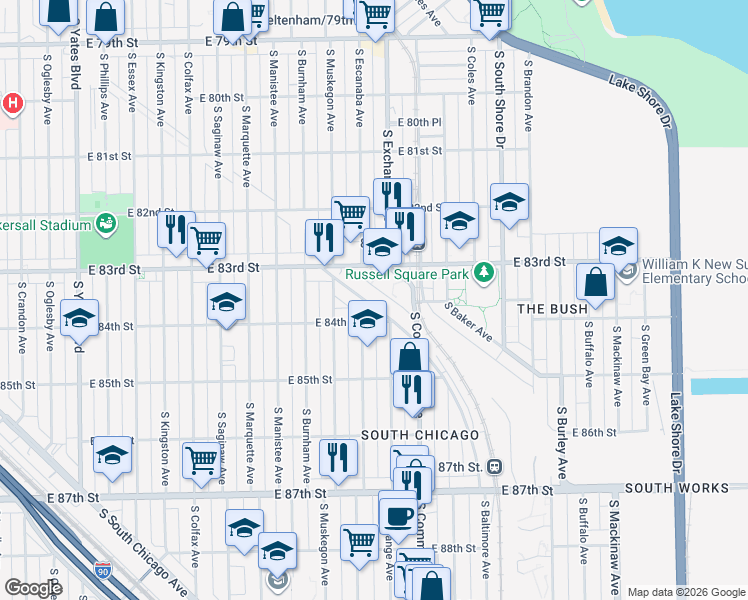 map of restaurants, bars, coffee shops, grocery stores, and more near 8373 S Baltimore Ave in Chicago
