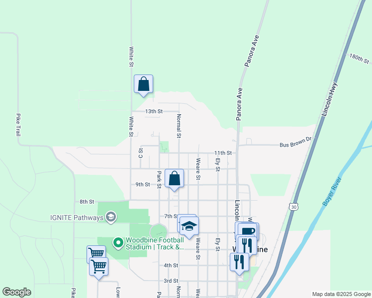 map of restaurants, bars, coffee shops, grocery stores, and more near 33 11th Street in Woodbine