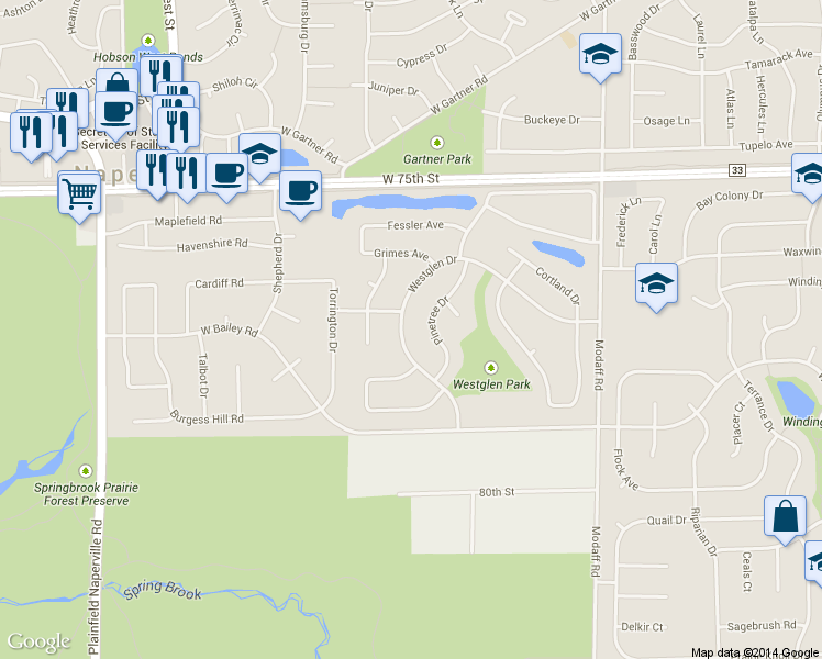 map of restaurants, bars, coffee shops, grocery stores, and more near 1444 Westglen Drive in Naperville