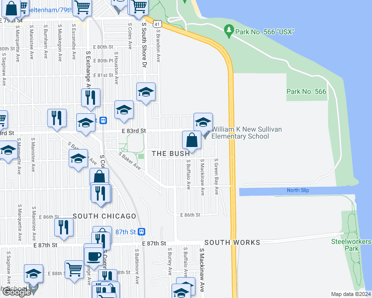 map of restaurants, bars, coffee shops, grocery stores, and more near 8342 South Buffalo Avenue in Chicago