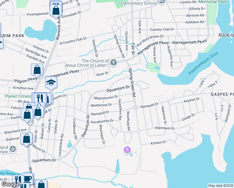 map of restaurants, bars, coffee shops, grocery stores, and more near 20 Sweetfern Road in Warwick