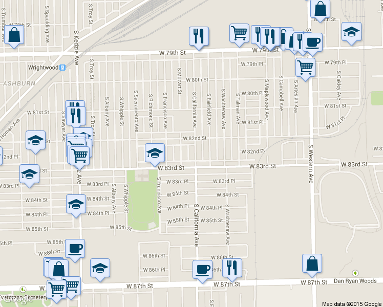 map of restaurants, bars, coffee shops, grocery stores, and more near 8230 South California Avenue in Chicago
