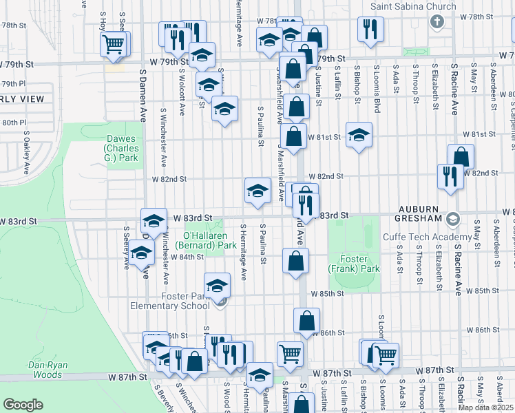 map of restaurants, bars, coffee shops, grocery stores, and more near 8244 South Paulina Street in Chicago