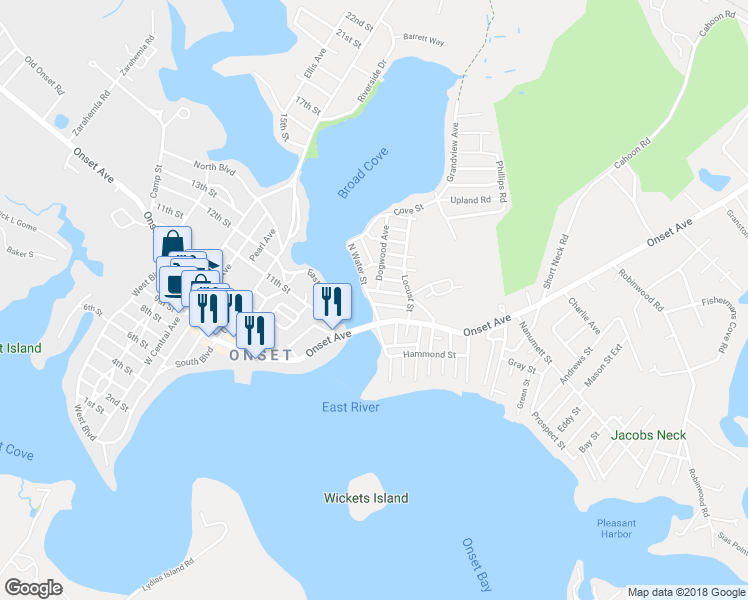 map of restaurants, bars, coffee shops, grocery stores, and more near 7 North Water Street in Wareham