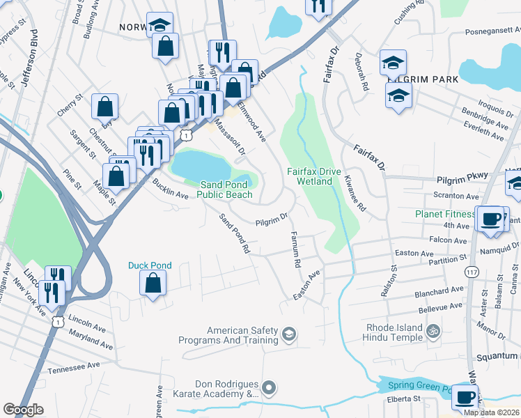 map of restaurants, bars, coffee shops, grocery stores, and more near 100 Puritan Drive in Warwick