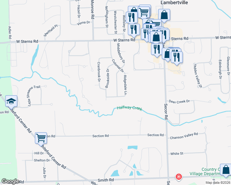 map of restaurants, bars, coffee shops, grocery stores, and more near 7057 Middlebury Drive in Lambertville