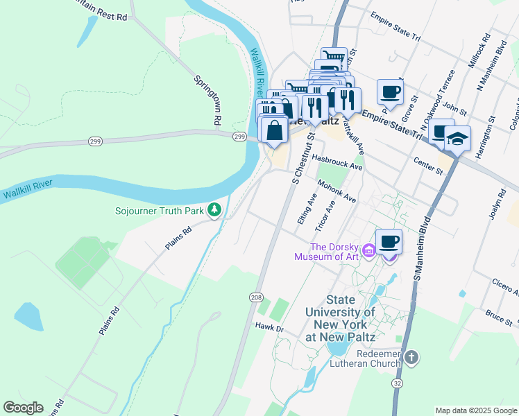 map of restaurants, bars, coffee shops, grocery stores, and more near 5 Southside Avenue in New Paltz