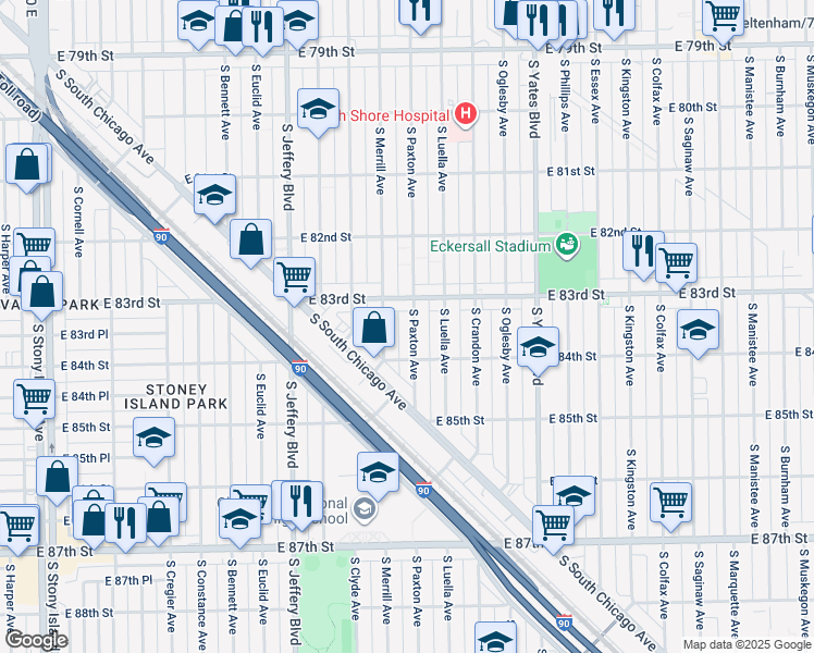 map of restaurants, bars, coffee shops, grocery stores, and more near 8328 South Paxton Avenue in Chicago
