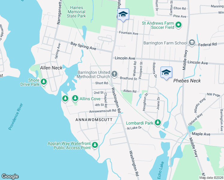 map of restaurants, bars, coffee shops, grocery stores, and more near 257 Washington Road in Barrington