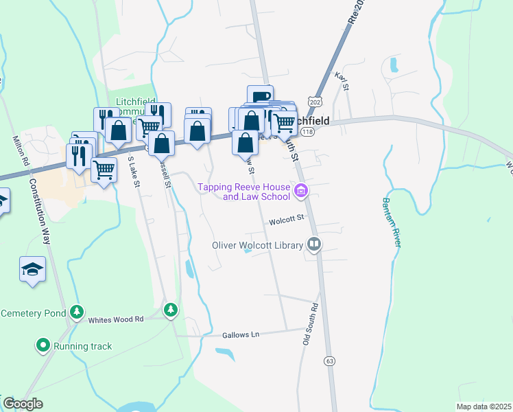 map of restaurants, bars, coffee shops, grocery stores, and more near 132 Meadow Street in Litchfield