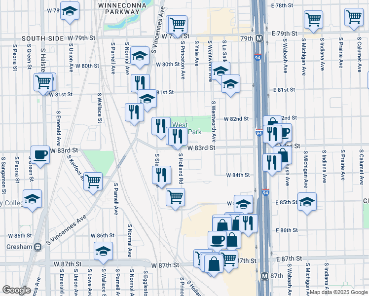 map of restaurants, bars, coffee shops, grocery stores, and more near South Princeton Avenue in Chicago