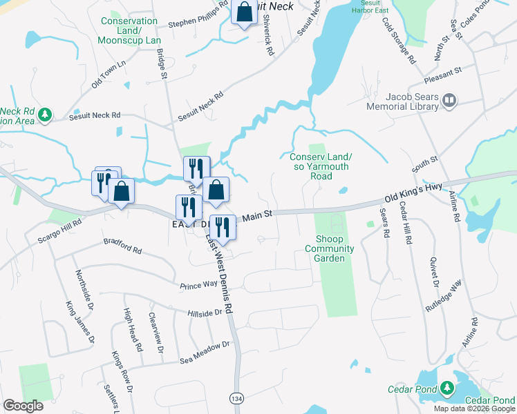 map of restaurants, bars, coffee shops, grocery stores, and more near 1706 Main Street in Dennis