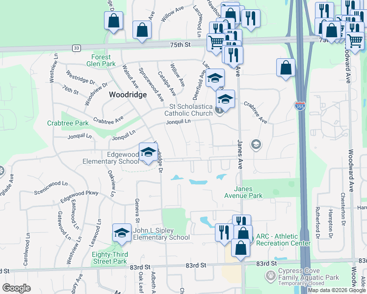 map of restaurants, bars, coffee shops, grocery stores, and more near 7842 Catalpa Avenue in Woodridge