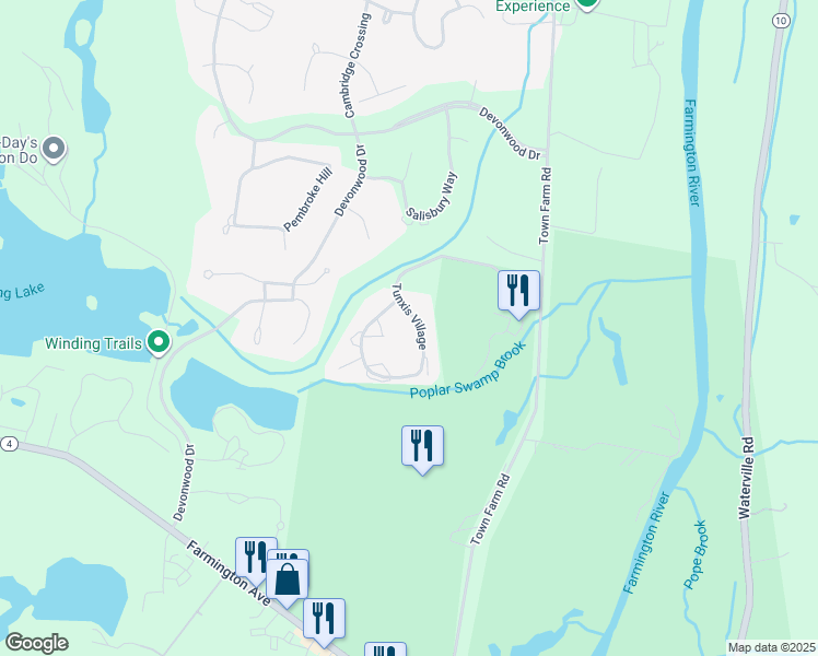 map of restaurants, bars, coffee shops, grocery stores, and more near 8 Tunxis Village in Farmington