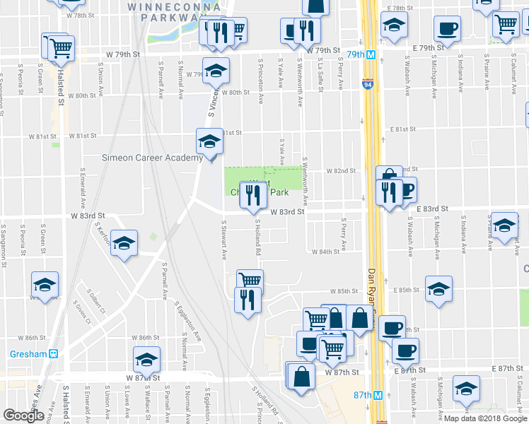 map of restaurants, bars, coffee shops, grocery stores, and more near 298 West 83rd Street in Chicago