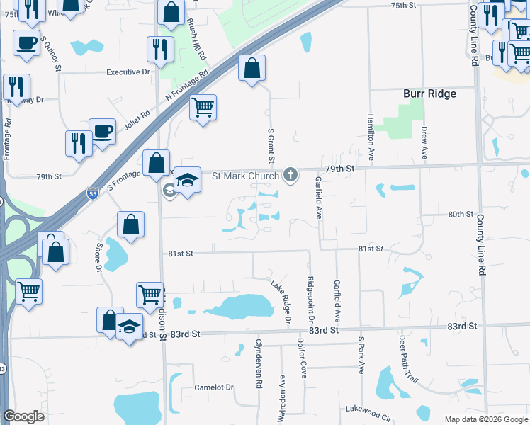 map of restaurants, bars, coffee shops, grocery stores, and more near 49 Chesterfield Court in Burr Ridge