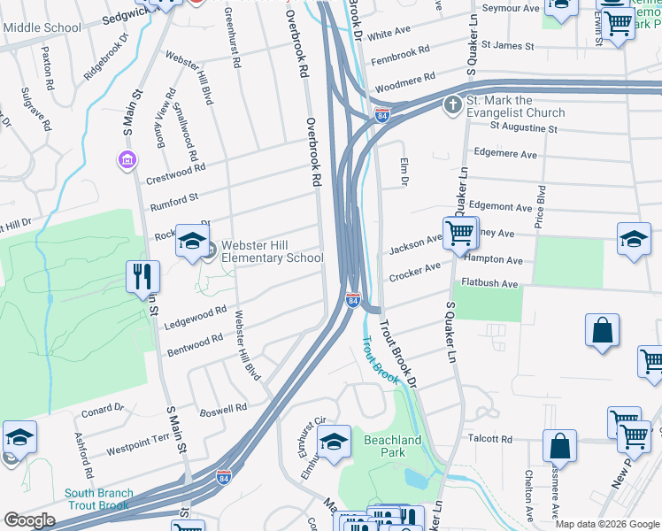 map of restaurants, bars, coffee shops, grocery stores, and more near 30 Ledgewood Road in West Hartford