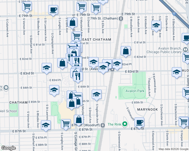 map of restaurants, bars, coffee shops, grocery stores, and more near 8312 South Ingleside Avenue in Chicago