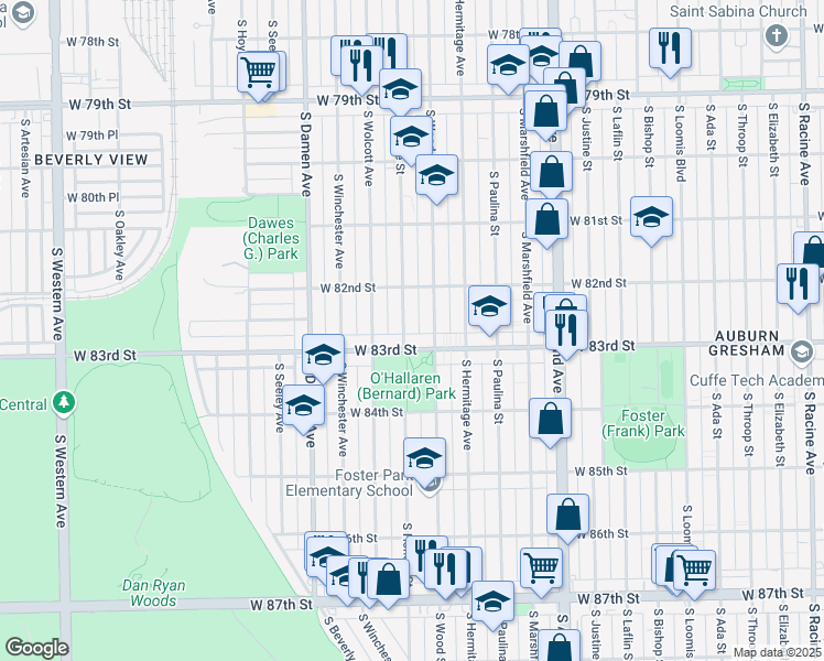 map of restaurants, bars, coffee shops, grocery stores, and more near 8243 South Honore Street in Chicago