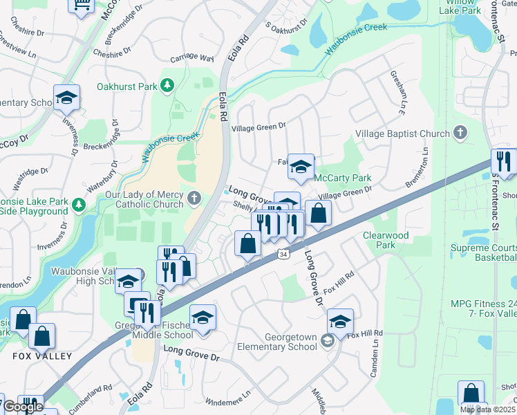 map of restaurants, bars, coffee shops, grocery stores, and more near 2870 Shelly Ln in Aurora