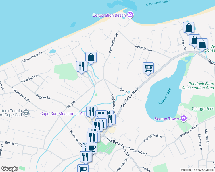 map of restaurants, bars, coffee shops, grocery stores, and more near 64 Corporation Road in Dennis