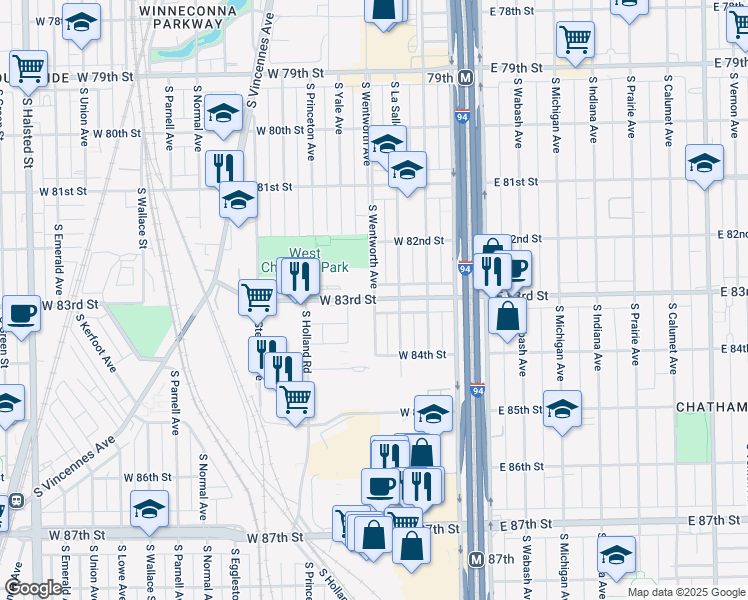 map of restaurants, bars, coffee shops, grocery stores, and more near 201 West 83rd Street in Chicago