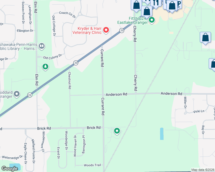 map of restaurants, bars, coffee shops, grocery stores, and more near 51772 Currant Road in Granger