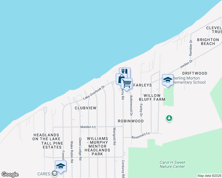 map of restaurants, bars, coffee shops, grocery stores, and more near 4680 Marigold Road in Mentor
