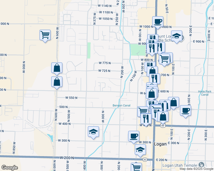 map of restaurants, bars, coffee shops, grocery stores, and more near 281 West 600 North in Logan