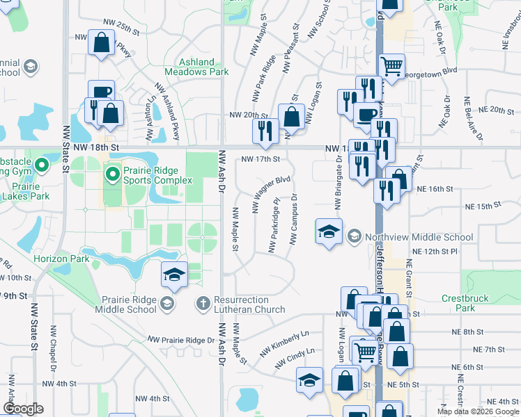map of restaurants, bars, coffee shops, grocery stores, and more near 1409 Northwest Wagner Boulevard in Ankeny