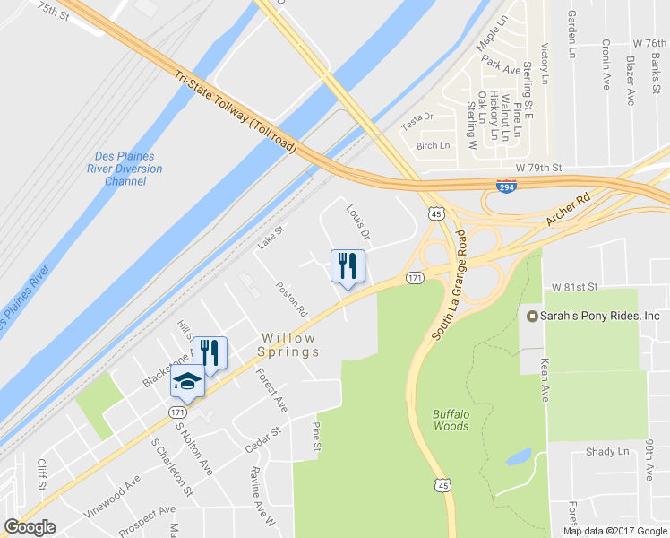 map of restaurants, bars, coffee shops, grocery stores, and more near 409 Blackstone Avenue in Willow Springs