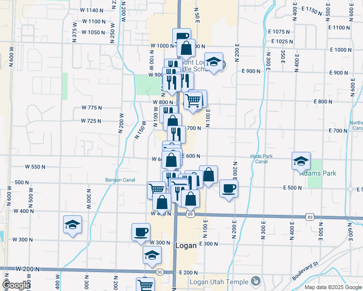 map of restaurants, bars, coffee shops, grocery stores, and more near 632 Main Street in Logan